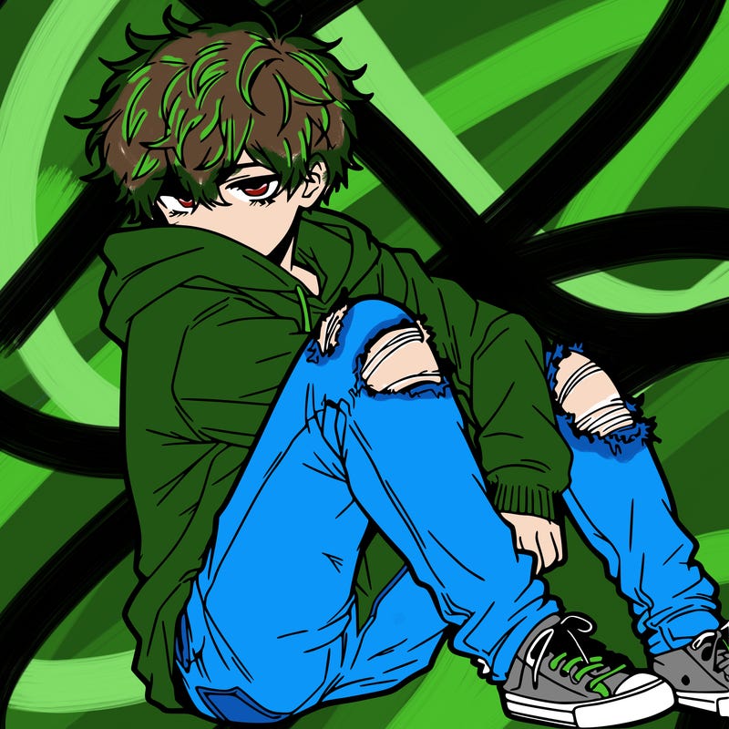 a male hoddie ripped jeans messy hair anime