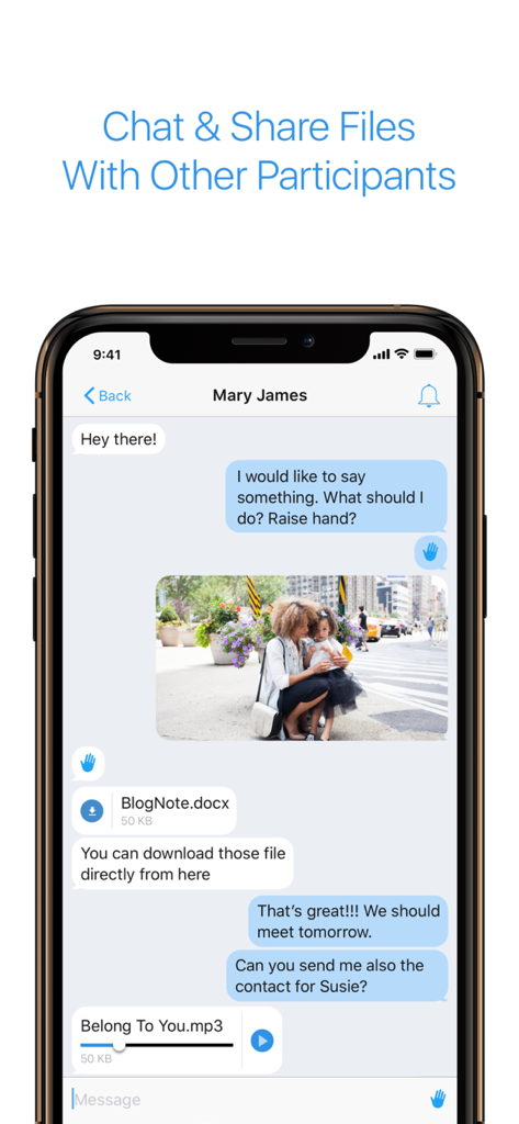 Benutzeroberfläche der KingsConference App, die Chat-Nachrichten und geteilte Dateien während eines Meetings zeigt