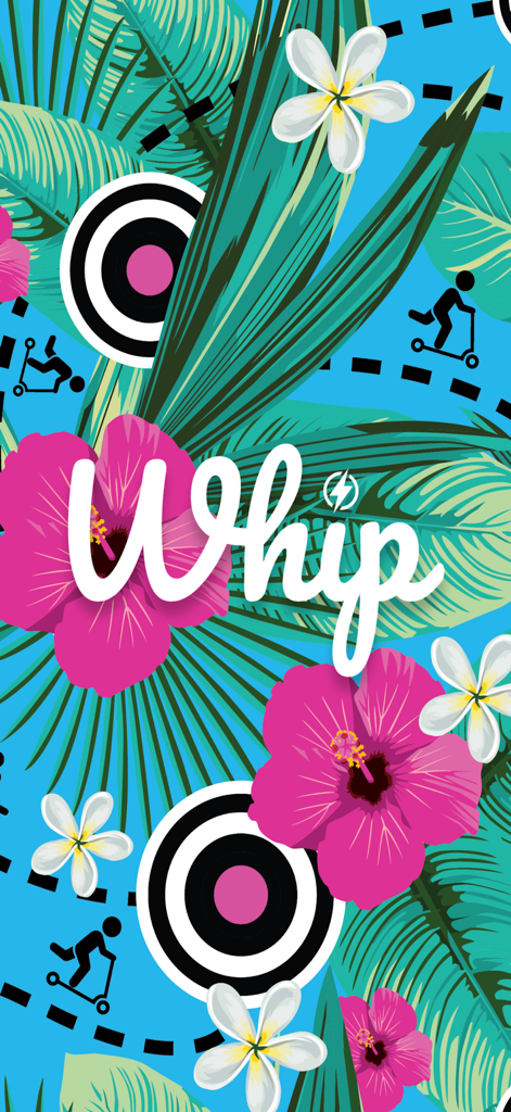 Whip Rideshare - Whip Rideshare logo on a tropical background with pink hibiscus flowers and scooter icons
