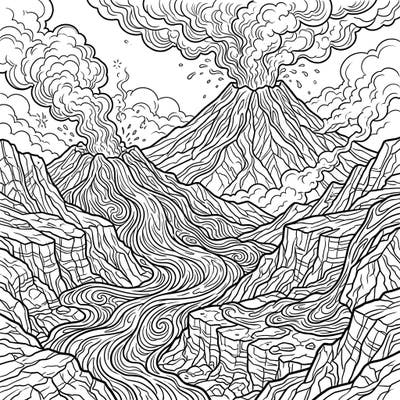 Immerse yourself in the raw power of nature with this captivating lava flows coloring page. Featuring erupting volcanoes and molten rock winding through dramatic landscapes, it offers a thrilling and detailed coloring experience for all ages.