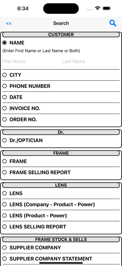 Search interface of the Mobi Optical app featuring search filters for customers doctors frames lenses and stock reports