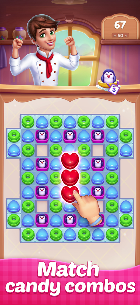 Candy Sweet Legend - Match 3 - A colorful match 3 puzzle grid where a hand matches three red heart candies with a cheerful chef character in the background