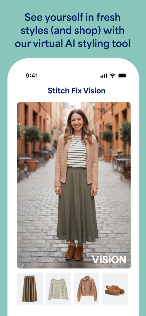 Stitch Fix - Personal Styling - Stitch Fix app interface showing the Vision AI styling tool with a woman in a curated outfit