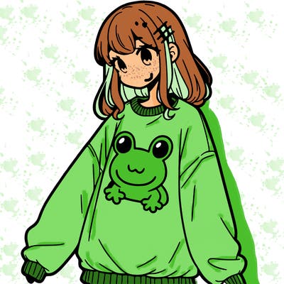 girl wearing frogging sweatshirt