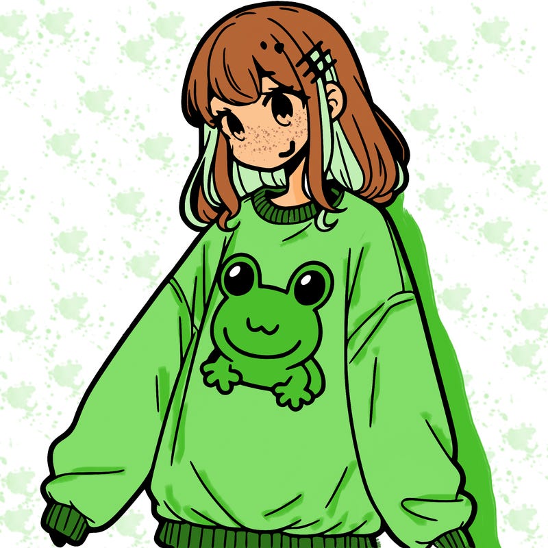 girl wearing frogging sweatshirt