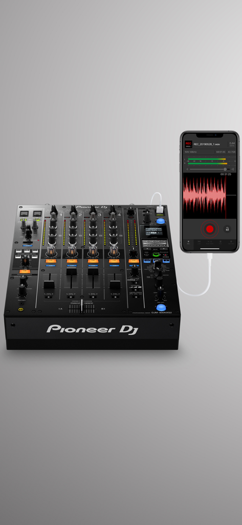 DJM-REC: DJ live/recording app - An iPhone connected to a Pioneer DJ mixer showing the DJM-REC app interface while recording audio