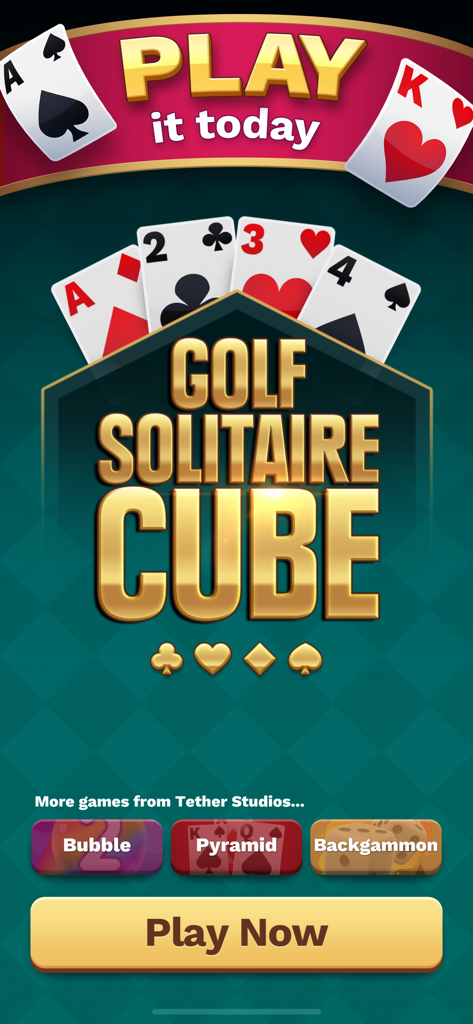 Golf Solitaire Cube - Golf Solitaire Cube app home screen with card game titles and a play now button