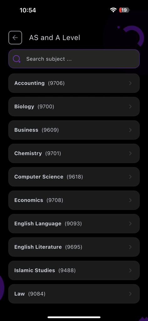 IVY Online - Learning Platform - A list of AS and A Level subjects like Accounting and Biology in the IVY Online app.