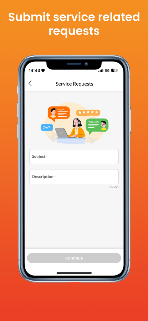 Genie - Genie app service requests screen for submitting customer support inquiries