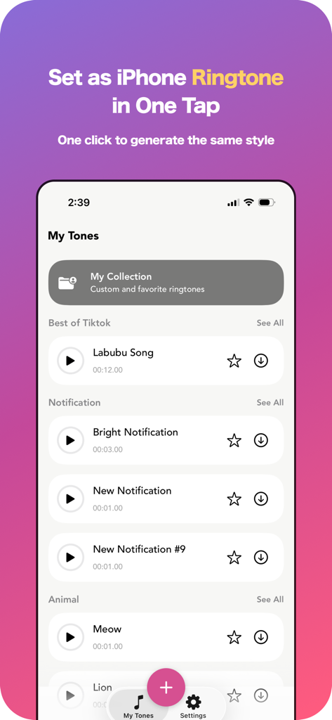 LittyTone:Ringtone & AI Voice - Interface of LittyTone app for setting iPhone ringtones with a list of TikTok songs and notification sounds.