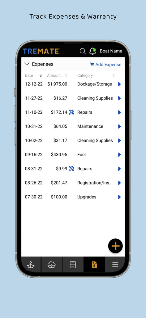 TreMate - Pantalla de la aplicación TreMate que muestra una lista de gastos del barco, incluyendo amarre, mantenimiento y costos de combustible