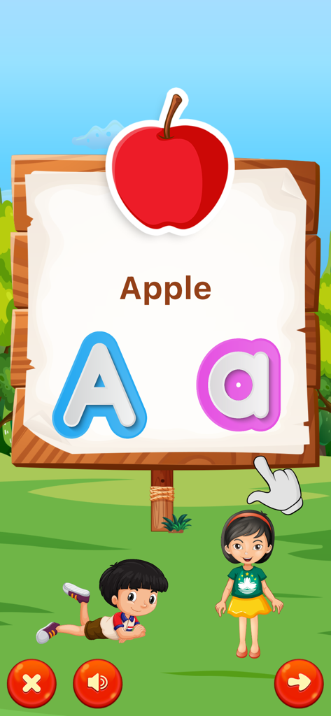 Super Kids App - Interfaz educativa preescolar que muestra la letra A con una ilustración de manzana para niños
