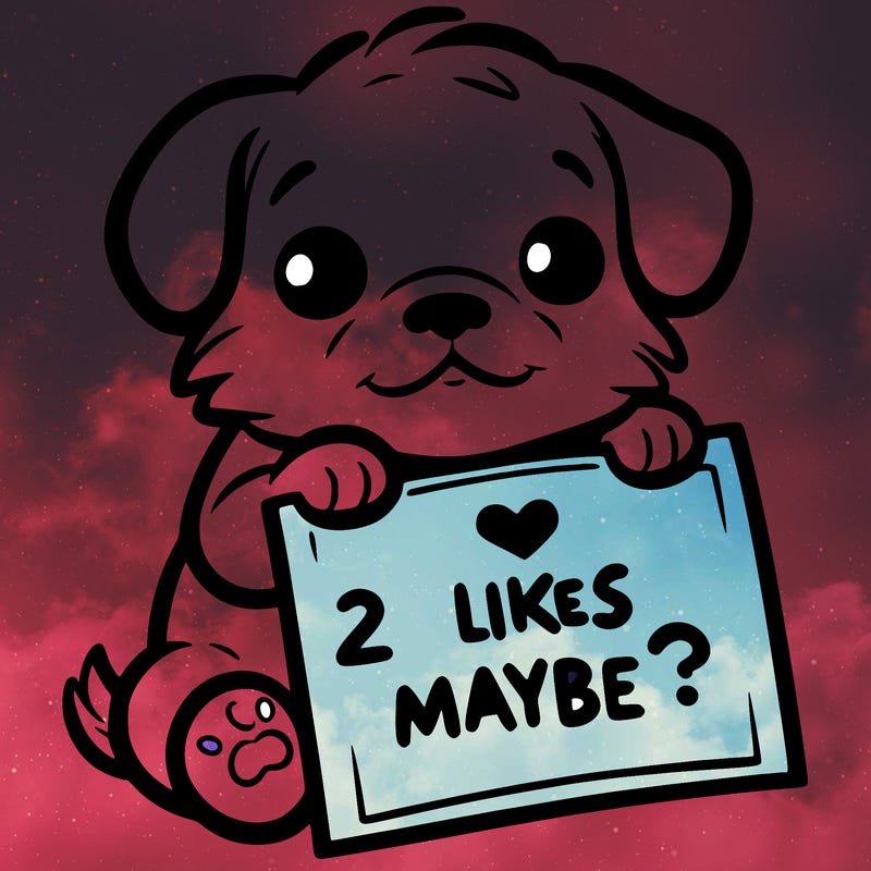 a puppy holding a sign that says 2 likes maybe?
