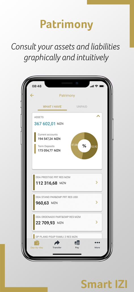 Millennium bim Smart IZI - Aplicación Millennium bim Smart IZI mostrando activos y pasivos en la función Patrimonio