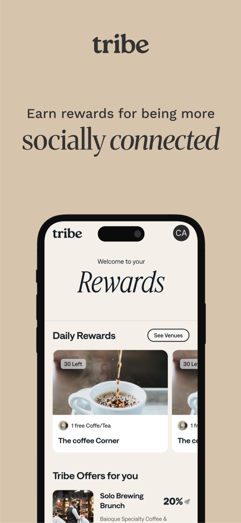 Tribe IRL - Tribe app rewards page featuring daily free coffee and social event discounts