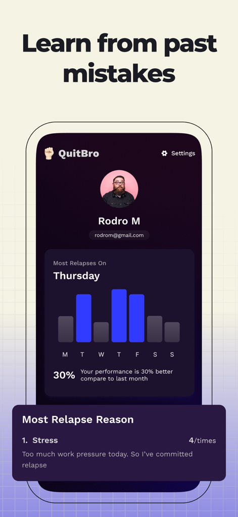 Quitbro · Quit Porn Addiction - QuitBro app interface showing relapse statistics and common triggers for recovery tracking