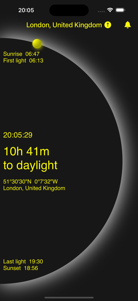 Sunrise Sunset Tracker - Sunrise Sunset Tracker app interface showing solar times GPS coordinates and countdown to daylight in London