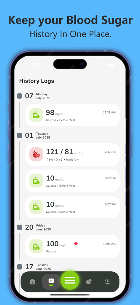CareOn: Diabetes & Glucose App - iPhone-Bildschirm mit der Ansicht der Verlaufsprotokolle für Blutzucker und Blutdruck in der CareOn-App in einer Zeitleiste