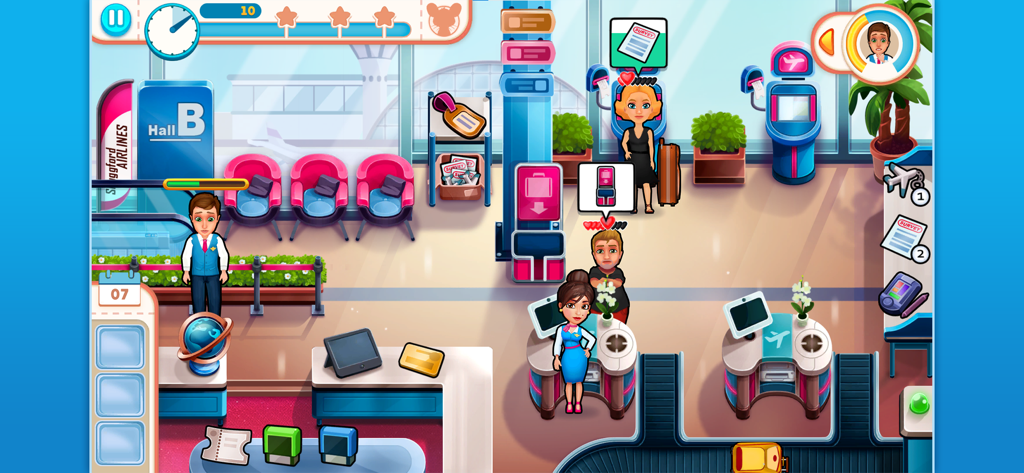 Gameplay of Amber assisting passengers at an airport check-in counter in a time management scene