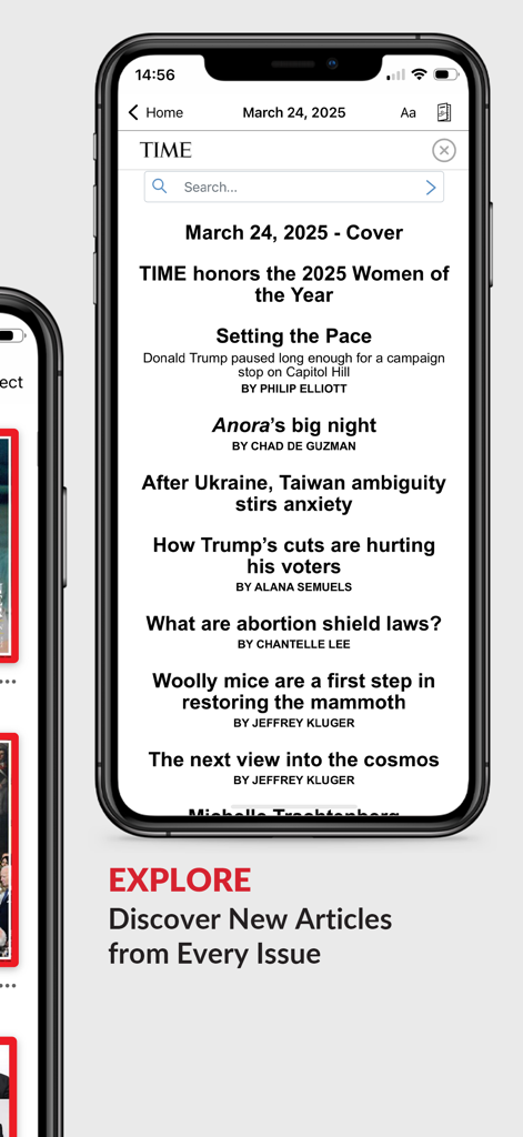 TIME Magazine - TIME Magazine app interface displaying a curated list of news articles and headlines