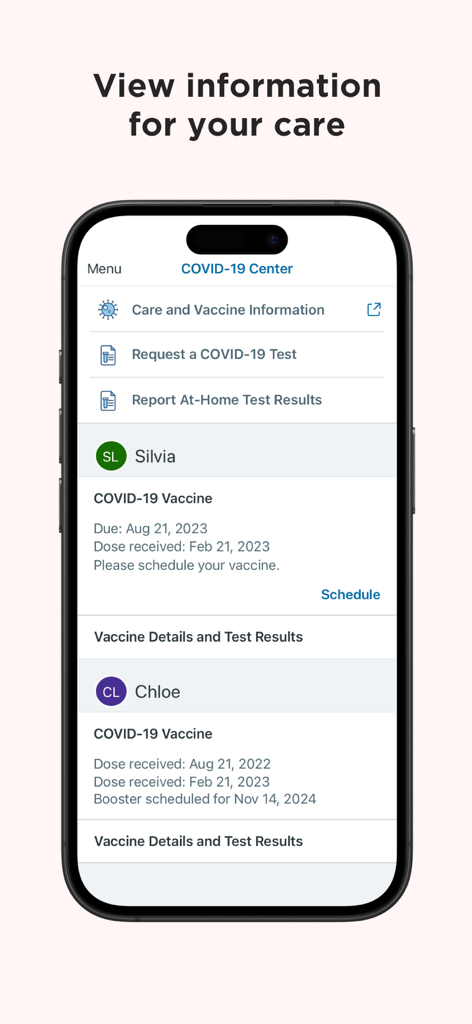 My Doctor Online (NCAL Only) - My Doctor Online app COVID-19 Center screen showing vaccine history and schedules for family members