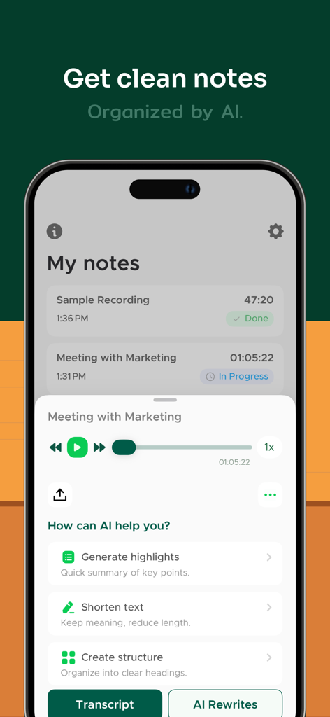 Transcribe Audio to Text Notes - Interfaz de la aplicación Transcribe Audio to Text Notes que muestra funciones de IA para resumir y organizar grabaciones.