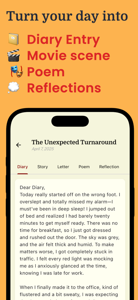 AI Journal & Diary - Reflect - Pantalla de smartphone que muestra las opciones de la aplicación AI Journal para convertir entradas de diario en historias, poemas y reflexiones.