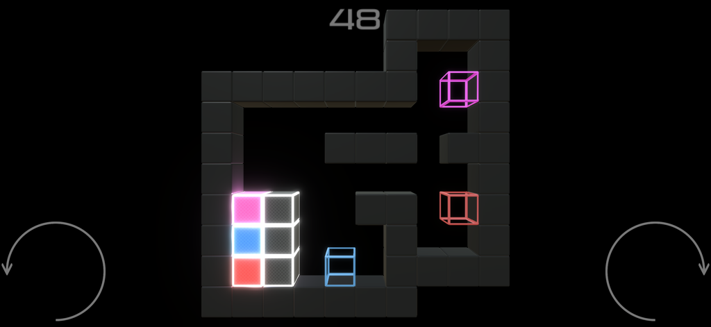 GraviT - Quebra-cabeça de modo escuro minimalista com blocos neon brilhantes e controles de rotação de gravidade
