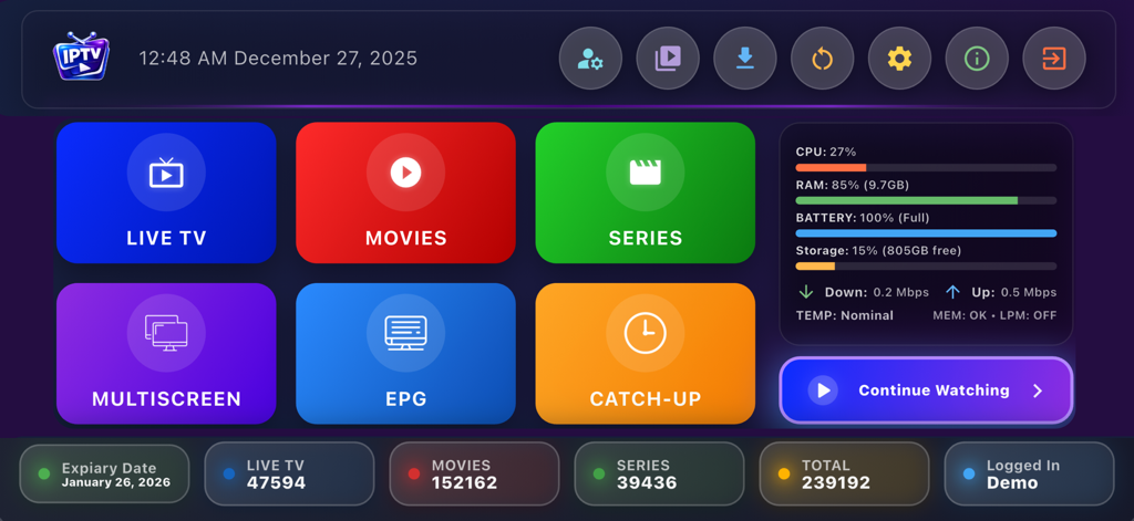 Smarter IPTV Stream dashboard showing Live TV Movies and Series categories with a system performance monitor