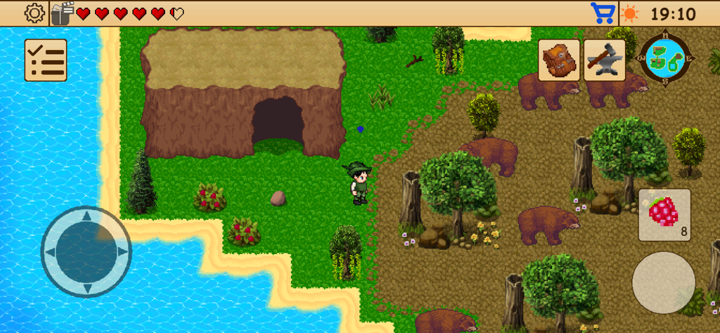 Survival RPG 1: Lost Treasure - Jogabilidade de pixel art retrô em 2D mostrando um personagem explorando uma ilha com ursos e uma caverna