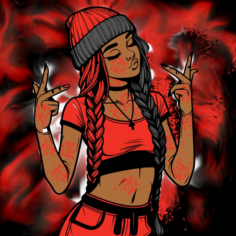 realistic teenage girl with braids and a beanie and crop top doing 🫶🏼