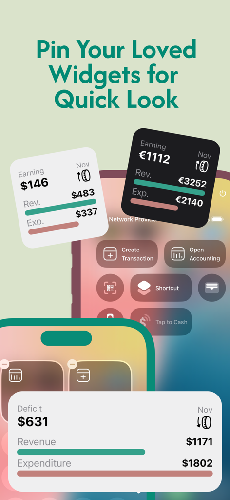Accounting Bookkeeping Ledger - Accounting Bookkeeping Ledger app showing financial summary widgets on an iOS home screen.