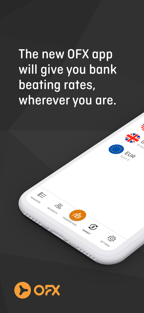 OFX money transfer mobile app interface showing international currency exchange rates and bank beating rates