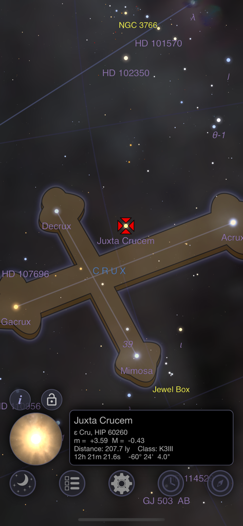 StarMap 3D+ Plus - StarMap 3D Plusアプリインターフェースに、星Juxta Crucemの詳細な天文学データとともに南十字星が表示されています。