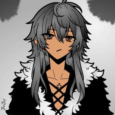 anime guy, long white hair, a red fluffy shirt