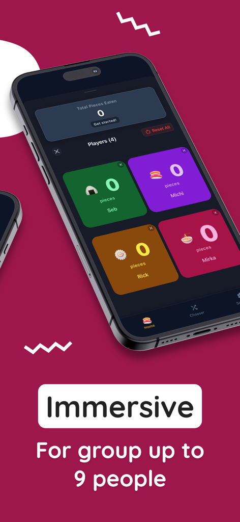 Sushi Counter - Interface of Sushi Counter app showing a colorful scoreboard for tracking sushi pieces eaten by different people in a group