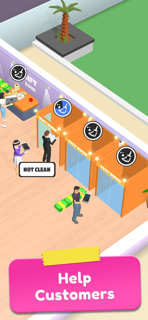 My Shopping Rush: Manage Mall - Uma cena de jogo de simulação de shopping mostrando provadores sujos precisando de limpeza.