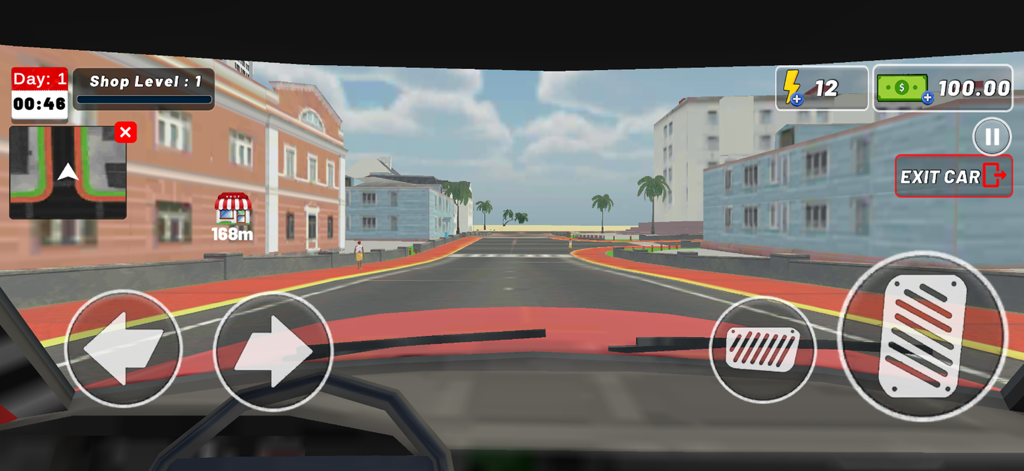 Multi Market Sim: Go & Deliver - First person driving perspective in a city delivery simulation game with mobile controls and mini map