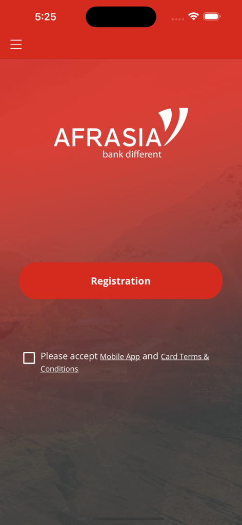 Pantalla de registro de la aplicación AfrAsia Cards con el logotipo del banco y un botón rojo.