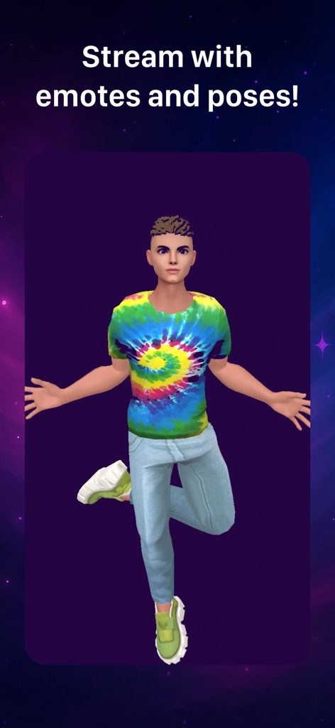 Vtubr - Live 3D Avatars - Un avatar 3D adoptando una pose dinámica en la interfaz de la aplicación Vtubr