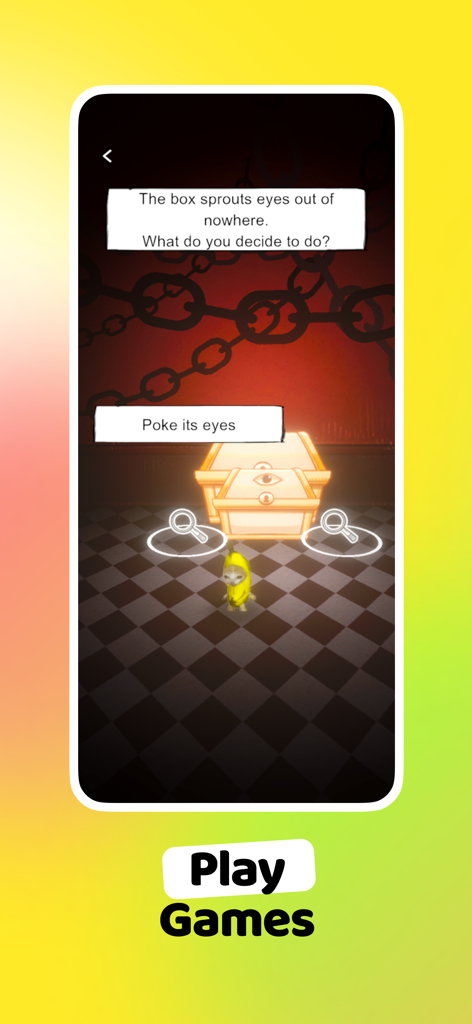 WoofChat - Un personaje de gato con un traje de plátano interactuando con un misterioso cofre con ojos en un juego de rol virtual