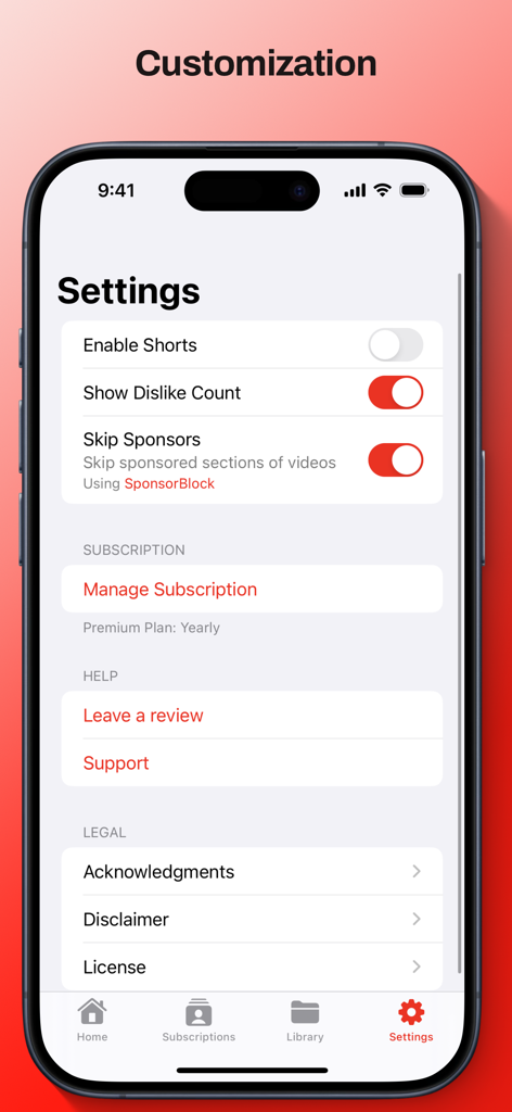 Settings screen of Enhancements For YouTube app showing customization options for disabling shorts and skipping sponsors.