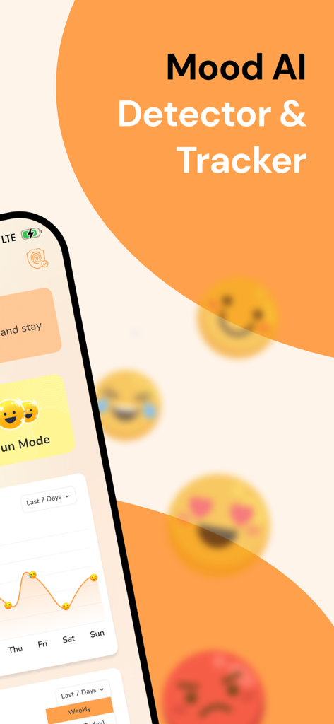 A mobile app interface for Mood AI Detector and Tracker displaying a weekly mood line graph with emoji icons and floating expressive emojis