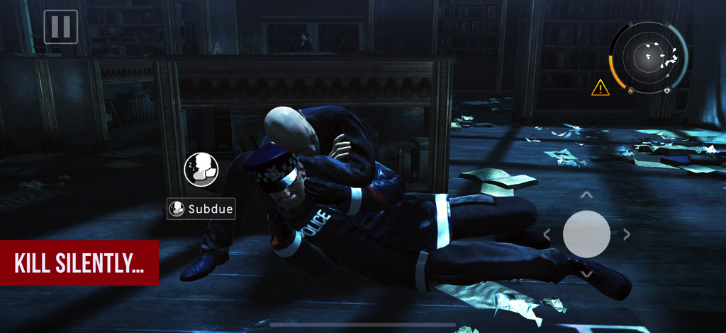 Hitman: Absolution - Agent 47 subduing a police officer silently in a library setting within Hitman Absolution for mobile