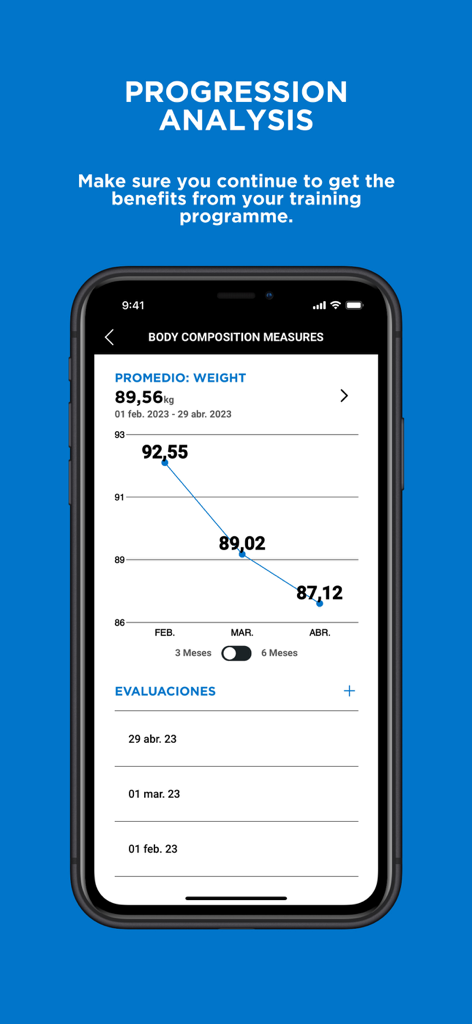 My DiR app screen showing body composition measures and weight loss progression chart