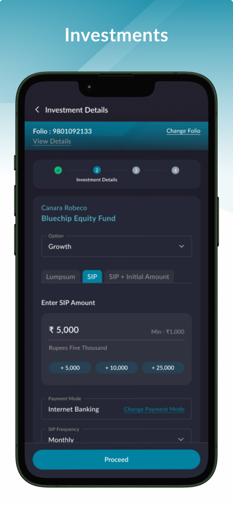 Mobile screen for setting up a monthly Systematic Investment Plan in a Bluechip Equity Fund with a five thousand rupee amount