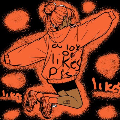 realistic girl jumping with a bun and oversized sweatshirt