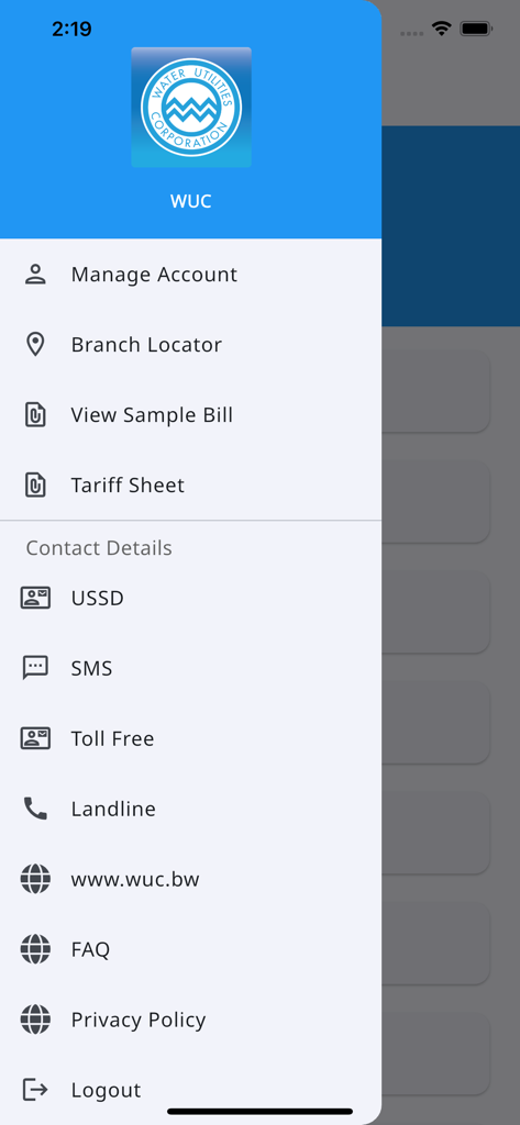 WUC App - Side navigation menu of the WUC water utility mobile application showing account management and support options.