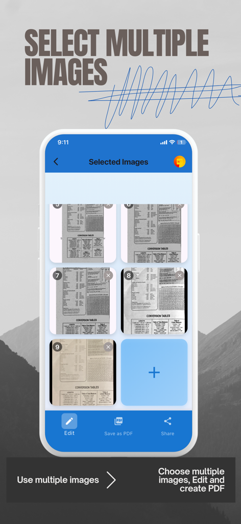 PDF Scanner RS app interface showing multiple documents selected for batch conversion to PDF