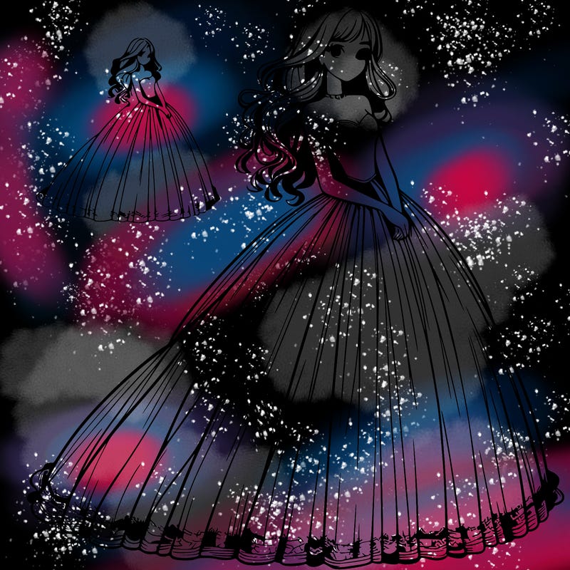 realistic girl in very long ball dress.